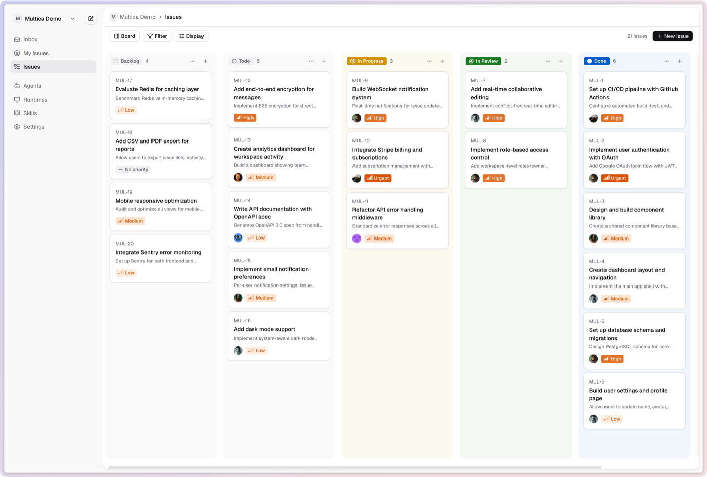 Официальный board view Multica с задачами, статусами и назначенными исполнителями
